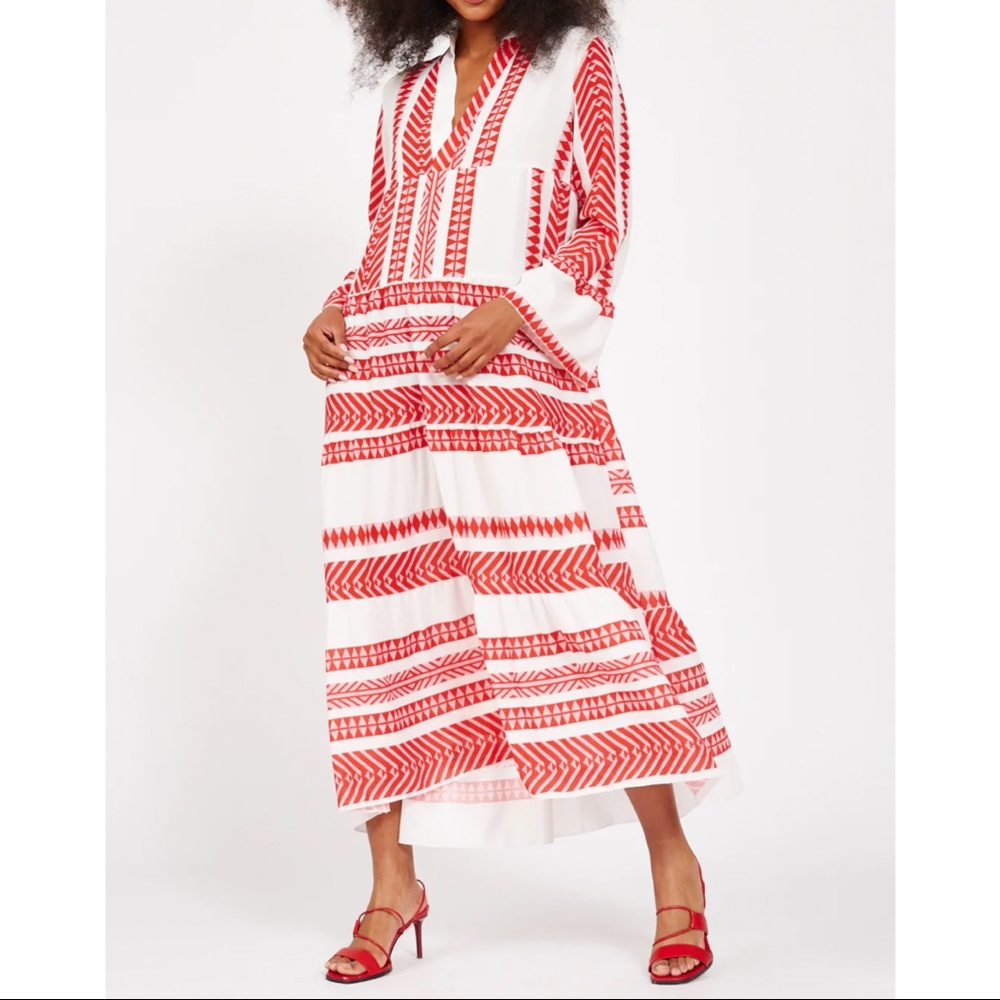NWT - Boho Maxi Dress, Long Relaxed Fit, Red & White, Size S by Silk & Salt